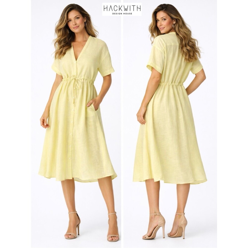 Hackwith Design House Clara Linen Midi Dress XL Yellow NWT Cinch Waist Button Up